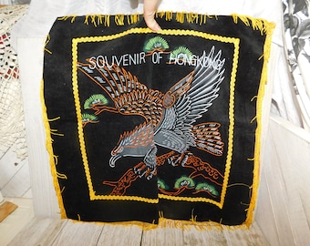 HONG KONG EAGLE Souvenir Velvet Fringed Square Table or Pillow Cover from Mexico Memories, Vintage Home Decor, Gift, Daysgonebytreasures,**