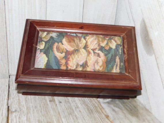 JEWLERY BOX Vintage Wood, Tapestry, Dresser Decor, Storage, Ring Holder, Organization, wooden tapestry box, Memories, Daysgonebytreasures *