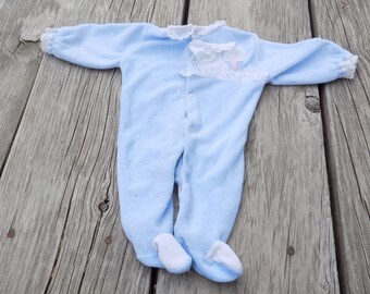BABY GIRL Swan Blue Sleeper Newborn sz Terry Cloth Sleeper, Vtg Baby Clothes, Doll Clothes, Memories, Gift, Prop, Daysgonebytreasures