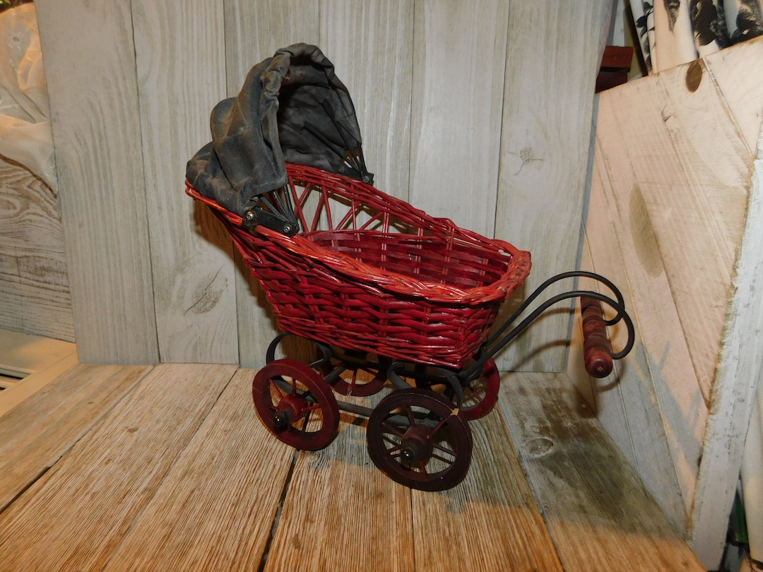 Vintage Small Brown Wicker Doll Buggy, Doll Buggy, Wicker Doll Buggy