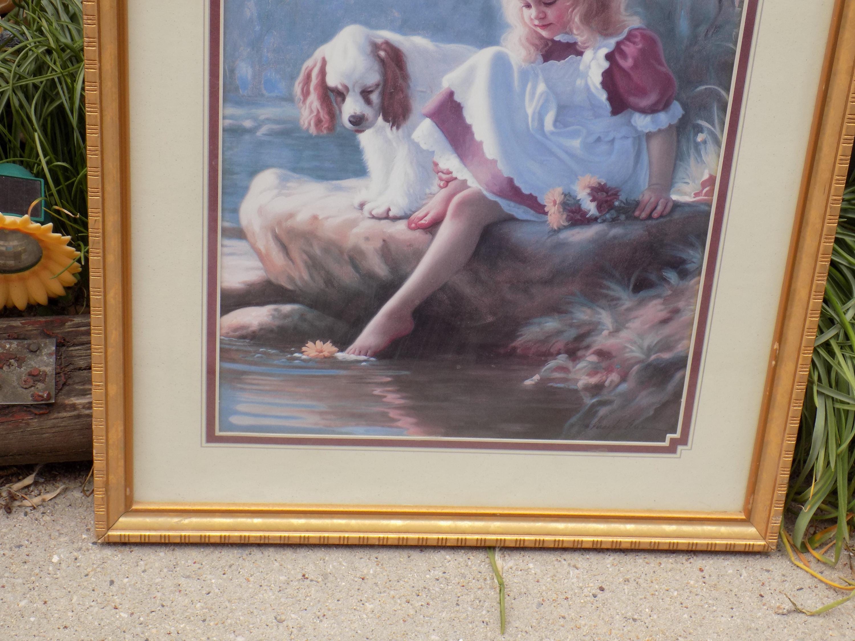 Home Interiors Gifts Framed Picture Girl and Her Dog by the Creek