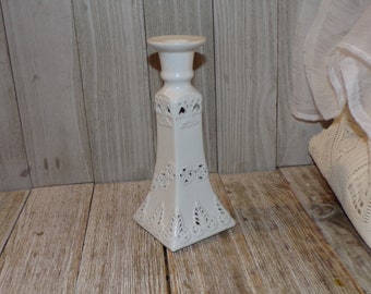 Candle Holder, White Pillar, Vtg Stick Candle Holder, Farmhouse, Glass Candle holder, Romantic, Wedding Memories, Daysgonebytreasures *y