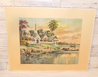 LANDSCAPE Water Print Canoe Huts Signed, Vintage Home Decor, Memories, Gift, Prop, Daysgonebytreasures *