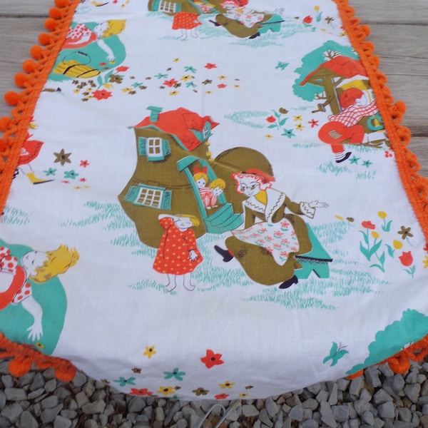 Vtg Table Runner Dresser Cover Old Lady Who Lived in a Shoe Baby Nursery Decor, Childs Room Decor, Memories Gift Prop Daysgoenbytreasures *