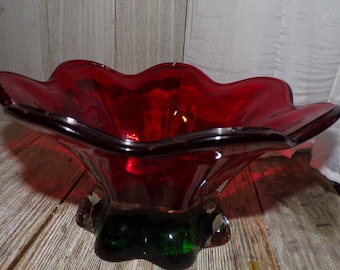 Vtg Red Flower Petal Bowl on Base, Ruby Red Bowl, Vtg Serving Bowl, Glass, Fruit, Holiday, Memories, Prop, Gift, Daysgonebytreasures *