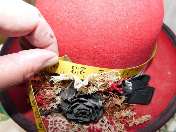 Hat Red Felt Like W Dried Flowers a Ribbon on It, Vintage  display picture 1