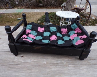Vtg Doll Bed Wood Poster Doll Bed w Patchwork Quilt, Black Doll Bed, Doll Furniture, Vtg Toys, Memories, Gift, Prop, Daysgonebytreasures *y