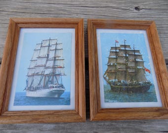 Ship Picture Pair Postcards in Oak Frames, Wall Hanging,