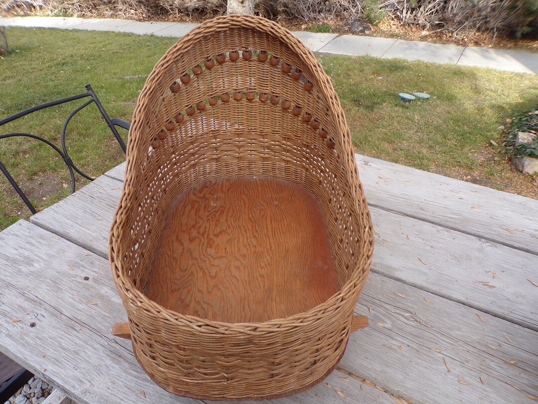 Vintage Wicker and Wood Doll Cradle, Vintage Doll Cradle, Vintage Doll
