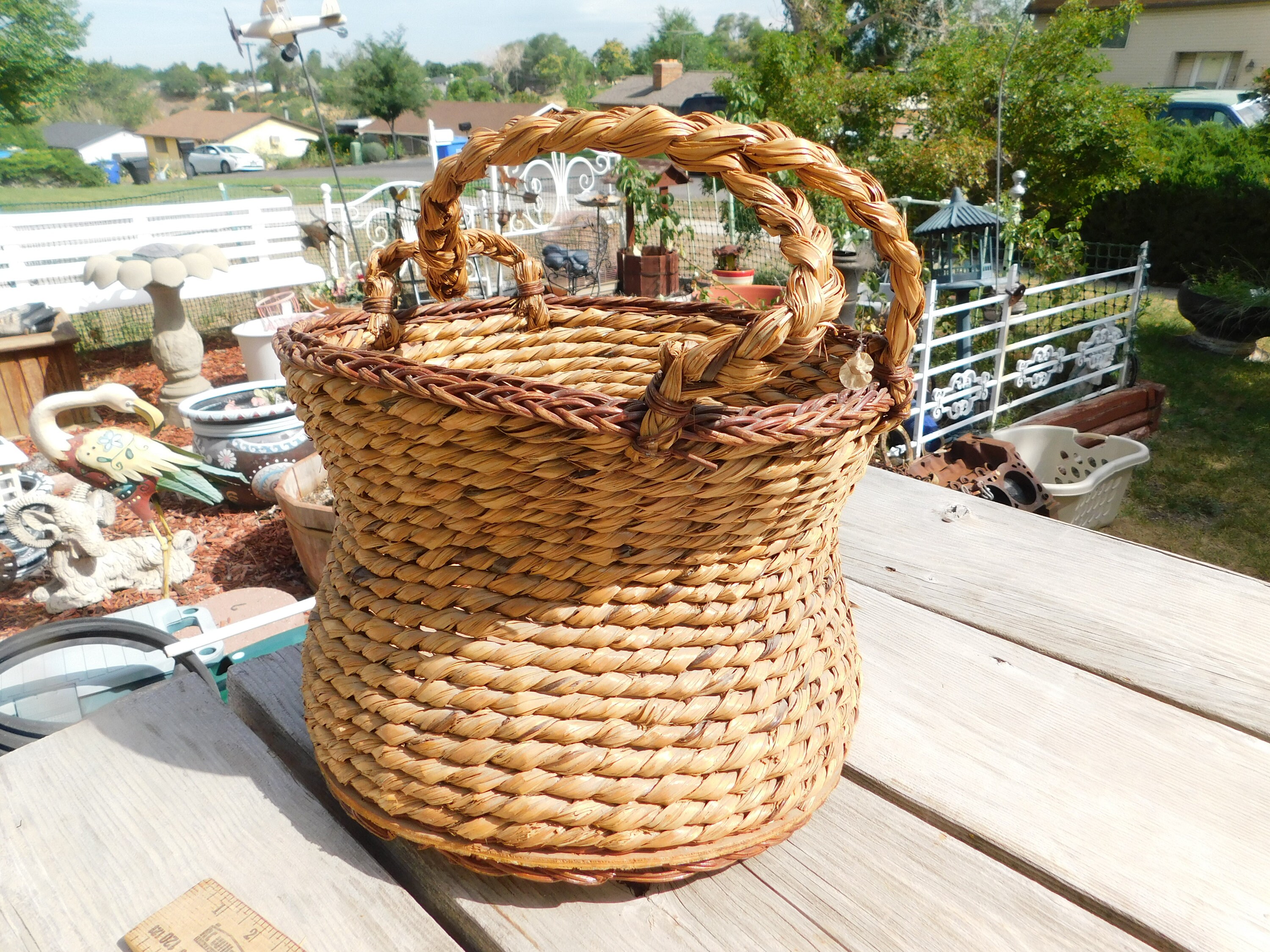 Big Wicker Basket with Wood Bottom and Handle Vintage Wicker Etsy
