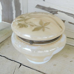 Vanity Powder Jar or Jewelry Box Cream Color with Gold Flowers on it, Vintage Glass Box, Vintage Dresser Décor,Daysgonebytreasures *y