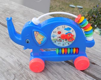 ROLLING Elephant Bead and Cloc Toy, Vtg Toy, Learning,