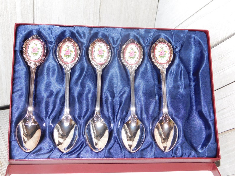 Vintage Korea Porcelain Silver Plated Flower Spoon Set in Box Etsy