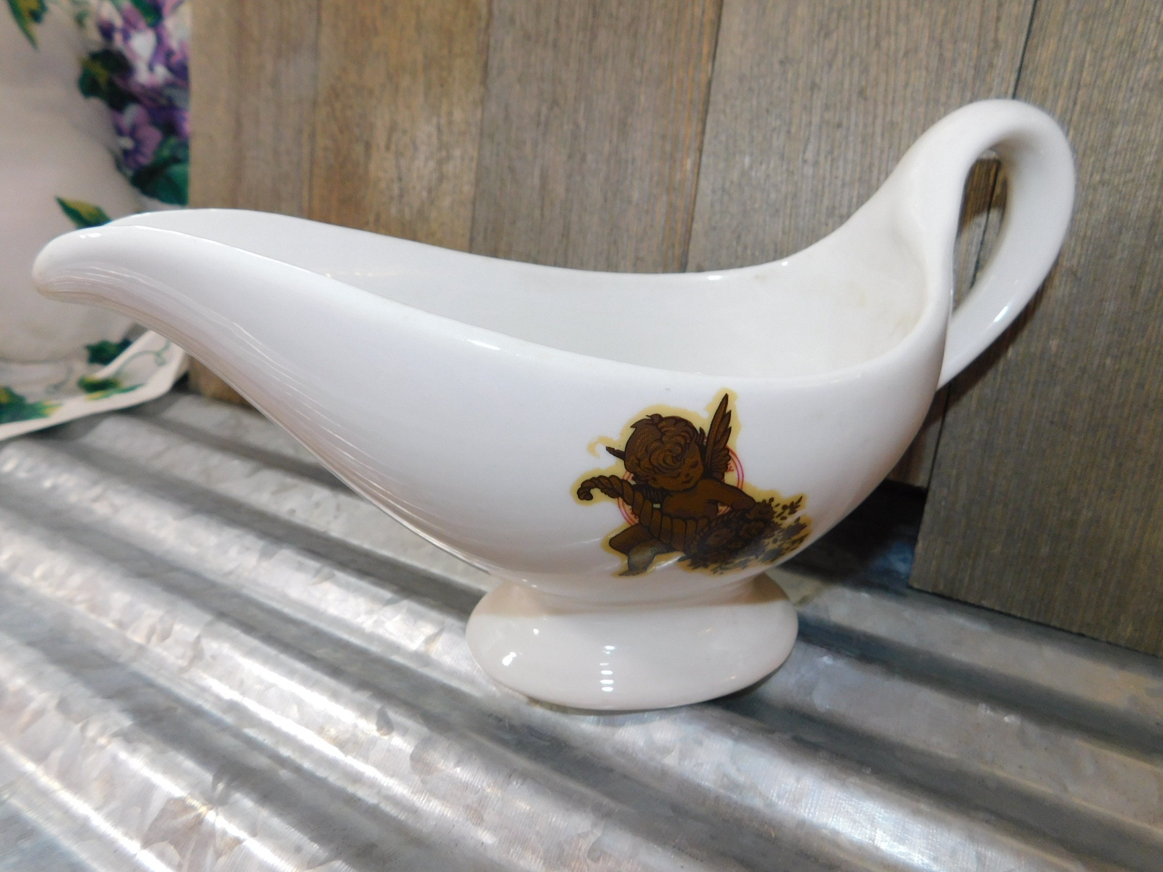 Pottery Gravy Boat with Gold Angel on It Vintage Gravy Boat Etsy