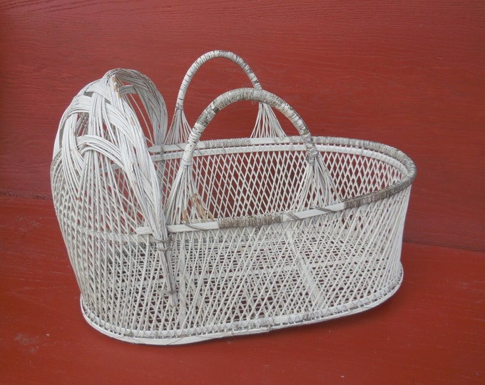 Wicker Doll Basket Vintage / White Wicker/ Carrying Basket / Etsy