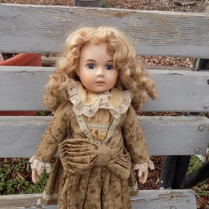 Doll Porcelain, Blonde Curly Hair, Victorian Doll, Brown Dress, Vintage Doll, Memories, Gift, Prop, Daysgonebytreasures *y