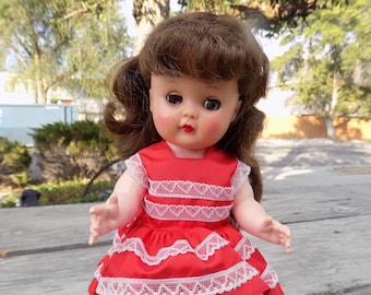 Doll in Red Dress and Shoes Jointed Legs Dark Hair, Vintage Doll, Memories, Gift ,Prop, Daysgonebytreasures