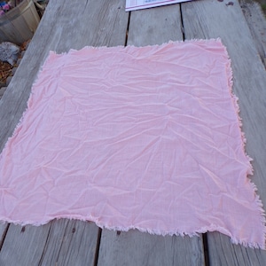 May include: A pale pink fabric square with a frayed edge. The fabric is wrinkled and has a soft, delicate texture.