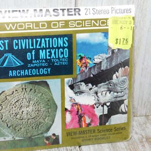 May include: A vintage View-Master packet titled "Lost Civilizations of Mexico" featuring images of Mayan, Toltec, Zapotec, and Aztec archaeology. The cover includes a pyramid illustration and a photo of a stone carving.