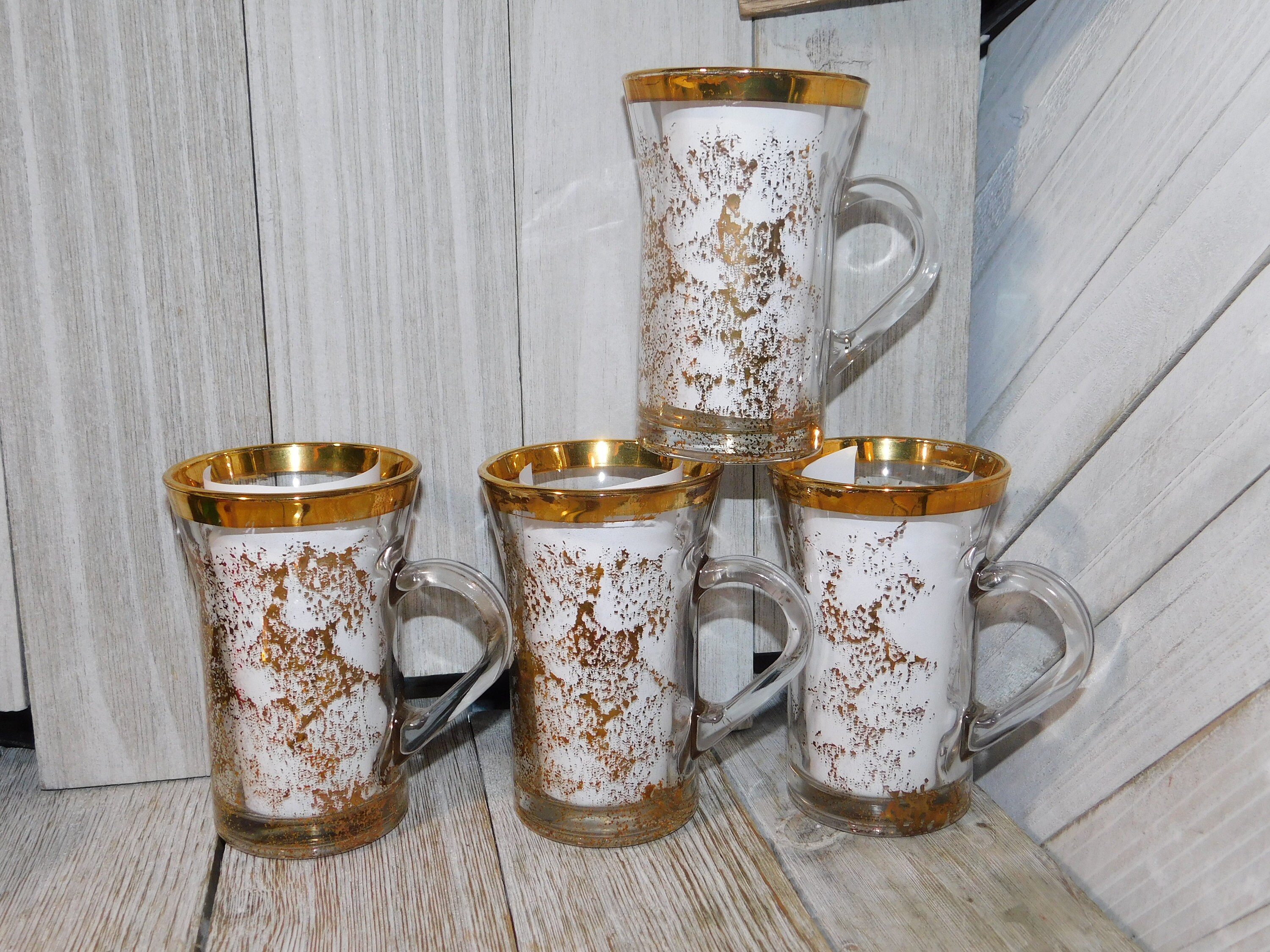 Vintage Set of 4 Glass Mugs With Gold and Clear Designs Etsy UK
