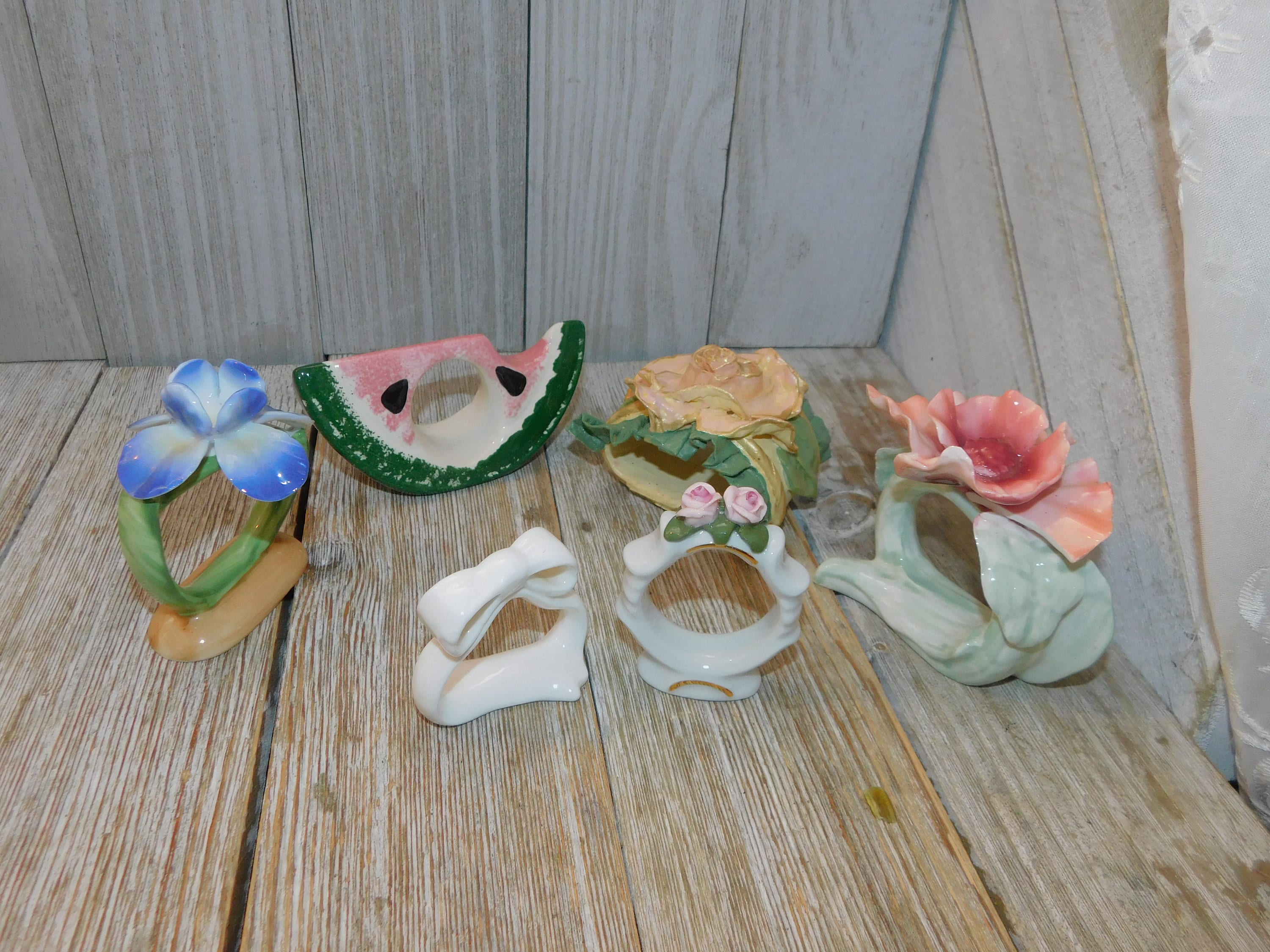 Napkin Rings Bone China Flower Napkin Ring Holder Pink White Green Hand Painted Made In Philippines Vtg Flower