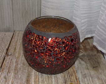 Vtg Rd Mosaic Candle Holder, Crackled Glass, Orange Red Candle Holder, Vtg Home Decor, Memories, Git, Prop, Daysgonebytreasures