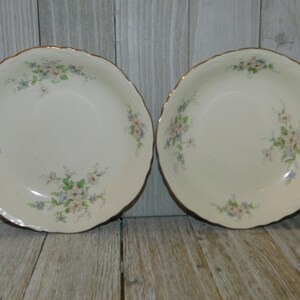 May include: Two white ceramic bowls with a floral design. The bowls have a gold rim and feature a delicate pattern of pink and blue flowers.