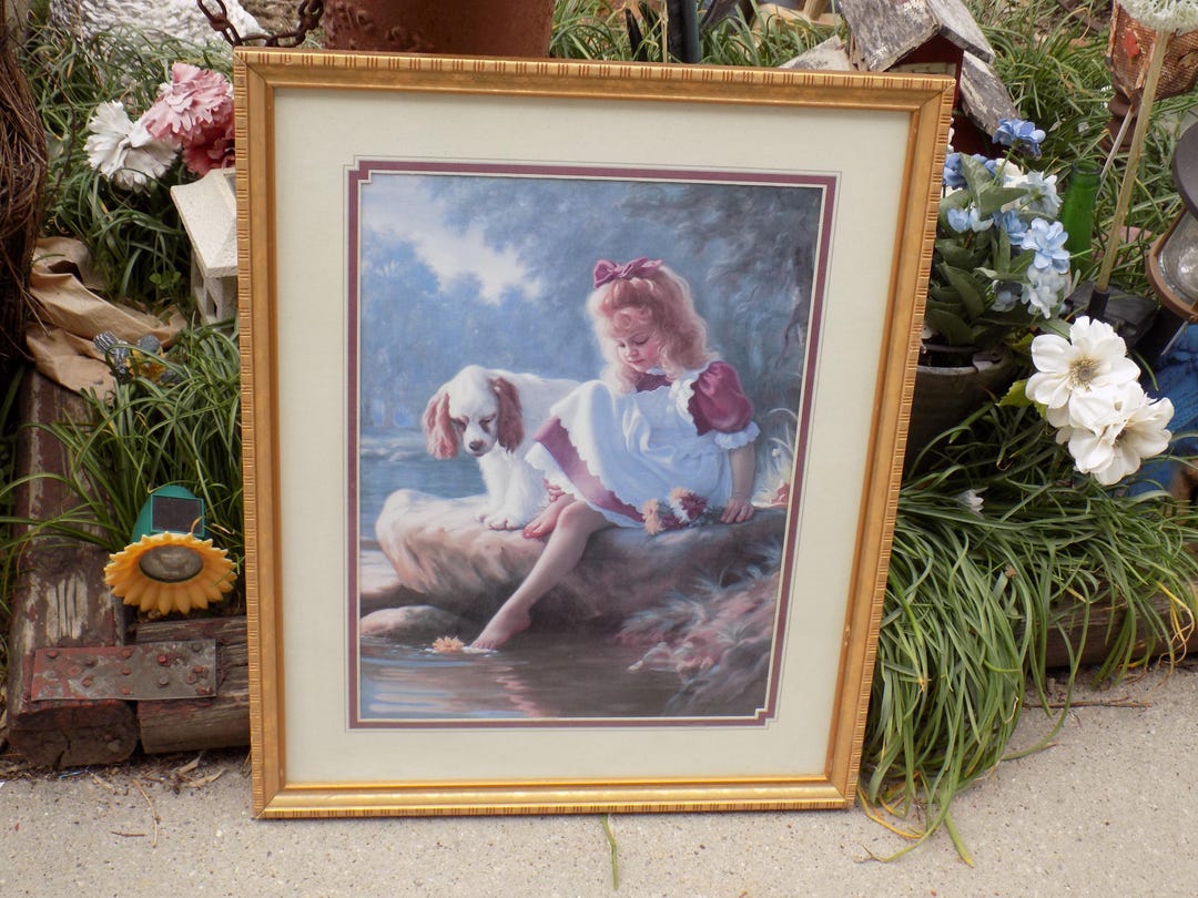 Home Interiors Gifts Framed Picture Girl and Her Dog by the Creek