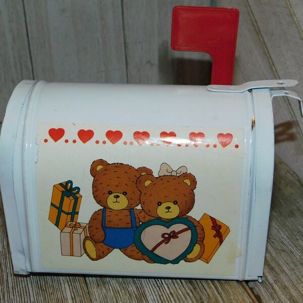 Vintage Tin Bear Metal Mail Box Bank, Bears and Hearts, Vintage Tin Box, Vintage Tin Can, Teddy Bear, Memories, Gift, Daysgonebytreasures *