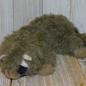 Puede incluir: Un juguete de peluche de mapache con pelaje marr&oacute;n y gris, marcas blancas alrededor de los ojos y una nariz negra. El juguete est&aacute; acostado de lado con la cabeza apoyada en el suelo.