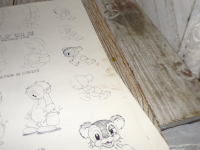 May include: A vintage drawing tutorial page featuring pencil sketches of cartoon characters. The page shows step-by-step instructions for drawing the characters, with the words "INSTRUCTION IN CIRCLES" visible. The page is set against a rustic wooden background.