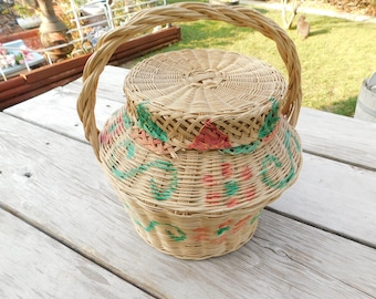 Vintage Wicker Basket with Painted Flowers on it with lid, Vintage Wicker Basket, Vintage Wicker, Vintage Home Decor, Storage, Memories **