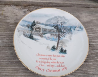 Robert Laessig Plate, 1979, Winter Snow Scene, Covered Bridge Vintage, Memories, Gift, Prop, Daysgonebytreasures