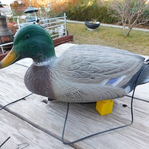 May include: A plastic decoy duck with a green head and a gray body. The duck is sitting on a yellow base and is attached to a black string.
