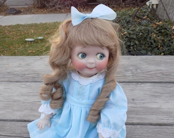 GOOGLE EYE DOLL In Blue Porcelain Doll, Vtg Handmade, Ringlet Hair, Memories, Gift, Prop, Daysgoenbytreasures