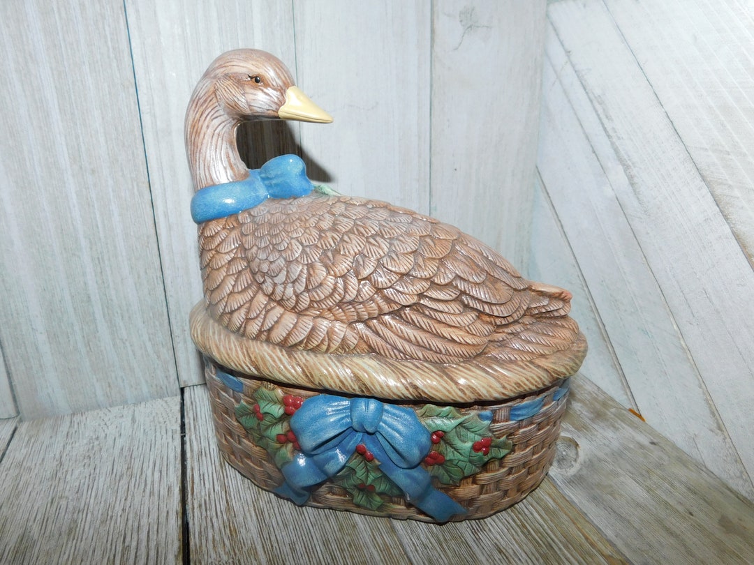 Vtg Ceramic Duck Cookie Jar, Vintage, Chalk Ware, Box Lid, Vintage
