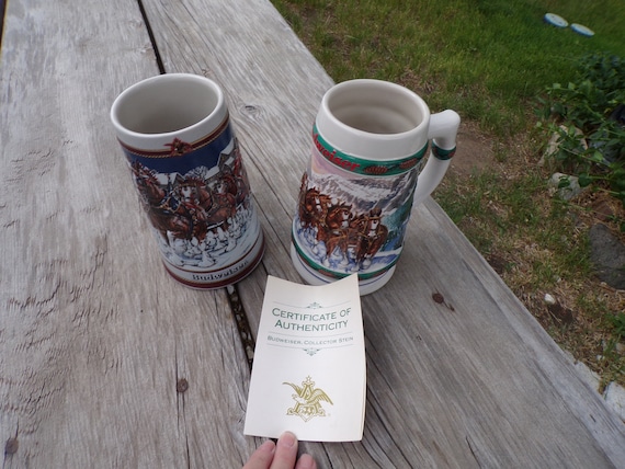 Budweiser Horse Steins, Set of 2 Collectible Steins, 1989, Memories, Gift, Prop, Daysgonebytreasures *y