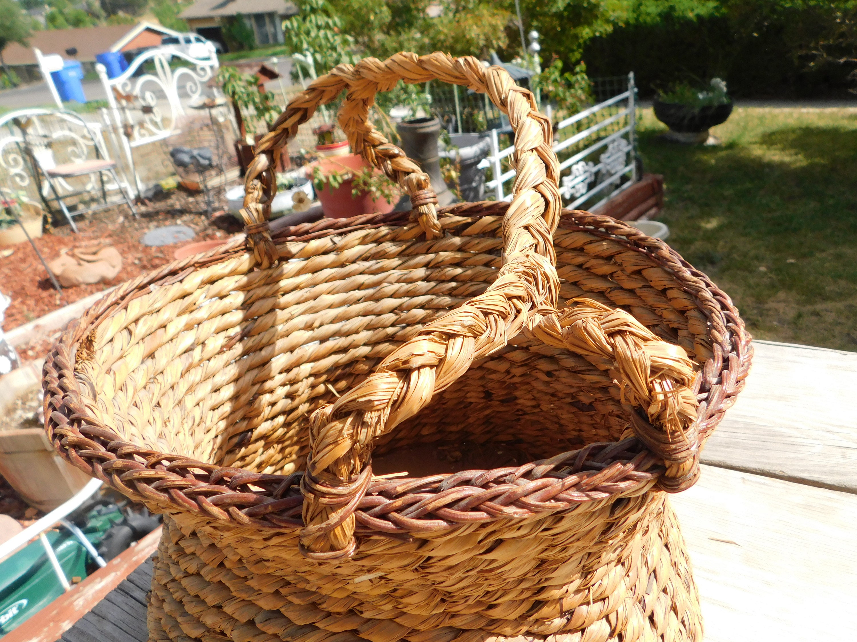 Big Wicker Basket with Wood Bottom and Handle Vintage Wicker Etsy