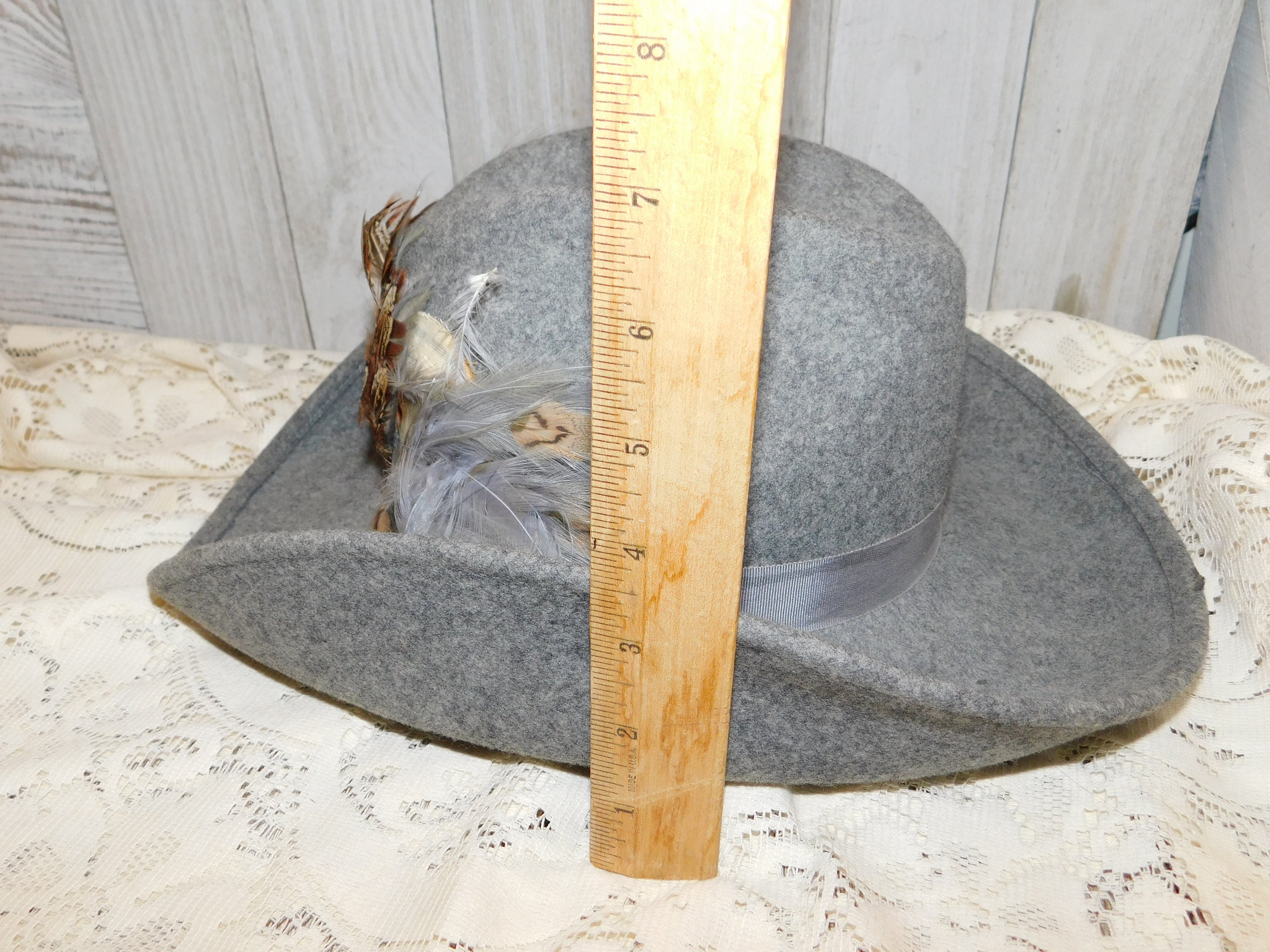 Sonni Vintage Felt Hat, Gray W/feathers, Gray Cowboy Felt  display picture 2