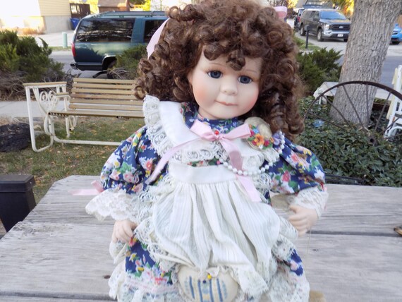 DOLL PORCELIAN W  Teddy Bear and Needle Work, Dark Curly Hair, 18, Vintage, Memories, Gift, Prop, Daysgonebytreasures *y