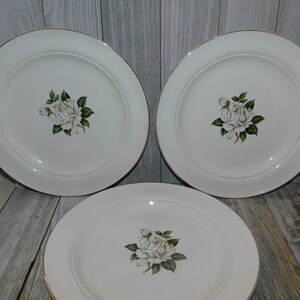 May include: Three white ceramic dinner plates with a gold rim and a white rose design.