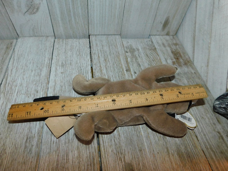 K&ouml;nnte beinhalten: Ein braunes Pl&uuml;schtierhund mit einem schwarzen Schwanz, etwa 30 cm lang. Der Hund liegt auf einer Holzoberfl&auml;che mit einem Lineal daneben.