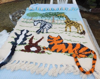 Vintage Animal Crocheted Throw with tails on the Animals, Unique Handmade Animal Throw, Vint Baby Blanket, Home Decor Daysgonebytreasures *y