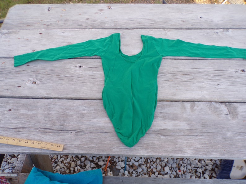 Puede incluir: Un leotardo verde de manga larga con cuello redondo. El leotardo est&aacute; colocado plano sobre una superficie de madera.