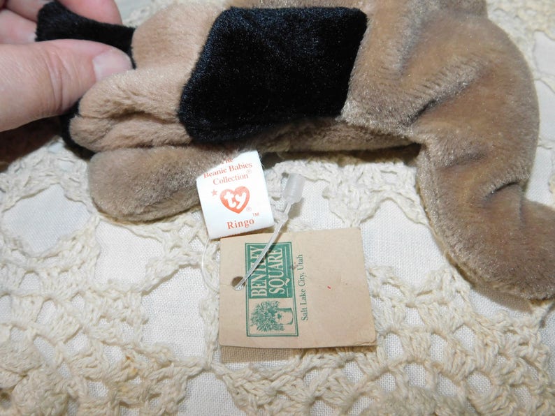 K&ouml;nnte beinhalten: Ein braunes und schwarzes Pl&uuml;schtierhund namens "Ringo" aus der Beanie Babies Collection. Das Spielzeug ist an einem wei&szlig;en Etikett mit dem Ty-Logo und den Worten "Beanie Babies Collection" und "Ringo" befestigt. Das Etikett ist an einem braunen Papieretikett mit den Worten "Beanie Square" und "Salt Lake City, Utah" befestigt.