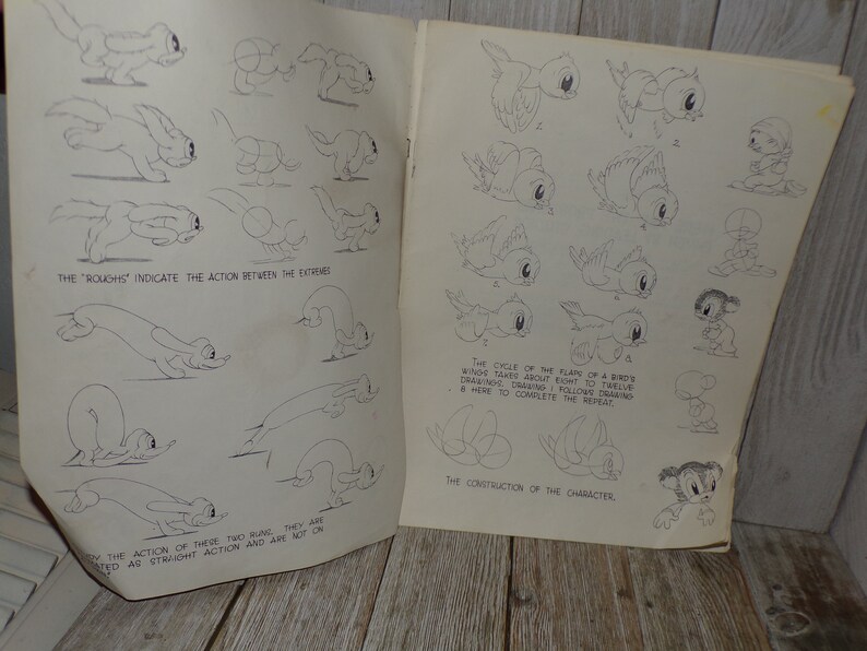 May include: Open book with pencil sketches of cartoon animals and birds in various poses. Text includes "The 'roughs' indicate the action between the extremes" and "The cycle of the flaps of a bird's wings takes about eight to twelve drawings."