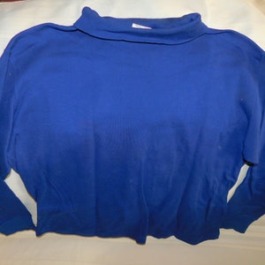 May include: A long-sleeved, royal blue turtleneck sweater.