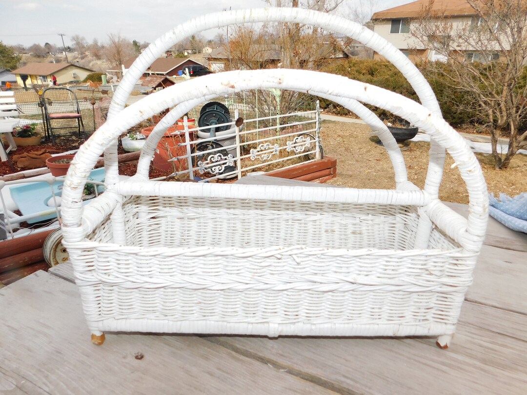 Vintage White Wicker Magazine Rack, Office Storage, Wicker Home Décor ...