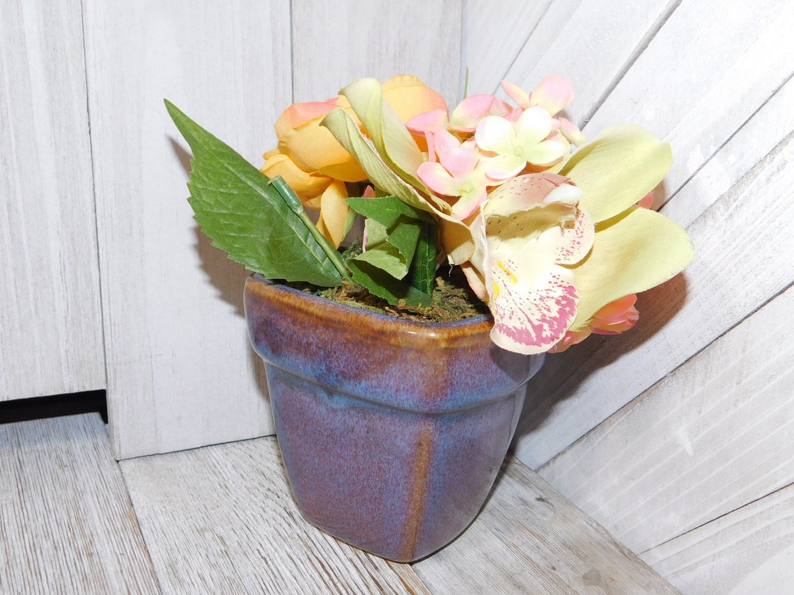 Small Silk Flower planter Orange Yellow and Pink Flower Pot Etsy