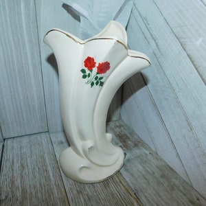 Vintage Cornucopia Vase Dainty White Vase with Red Rose on it, It marked VA, Vint Vase, Vase, Vintage home Décor, Daysgonebytreasures y **
